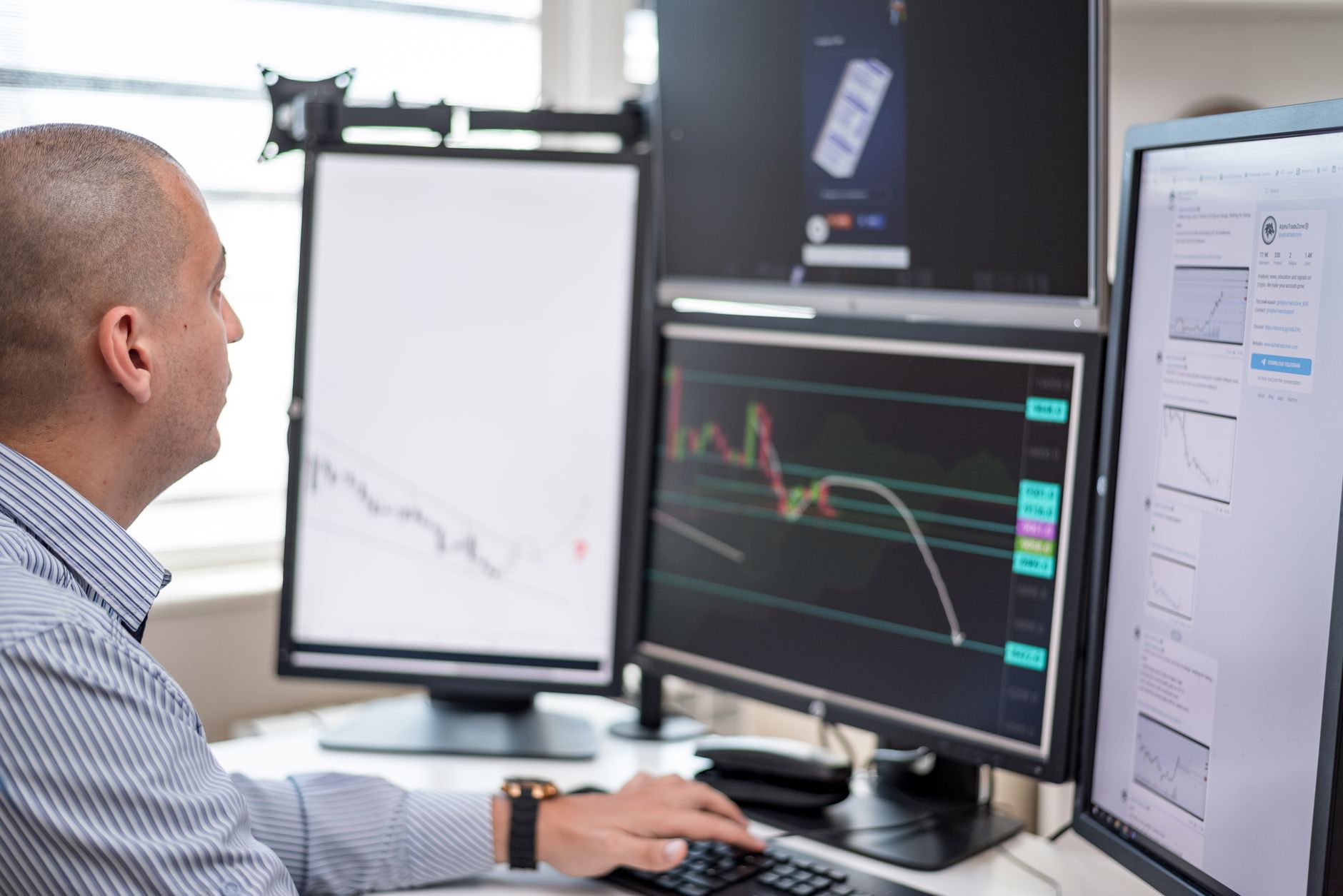 Forex broker trading desk with live charts and multi-screen setup