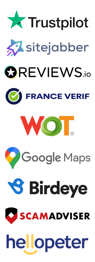 Review platform logos including Trustpilot, Google Reviews, Sitejabber, ScamAdviser, and Reviews.io